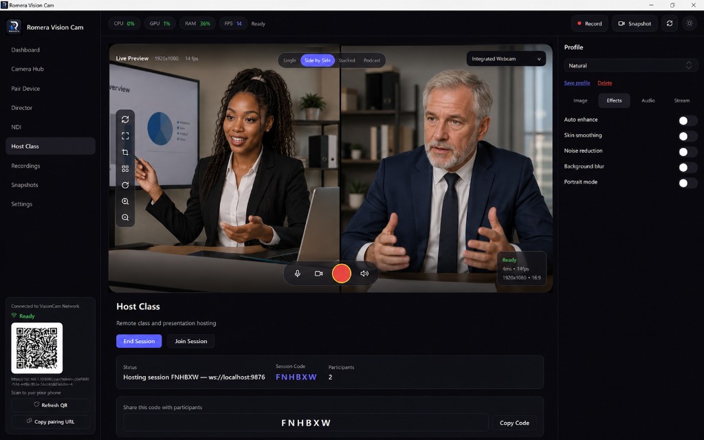 Romera Vision side-by-side Host Class layout with two presenters for agency and team workflows