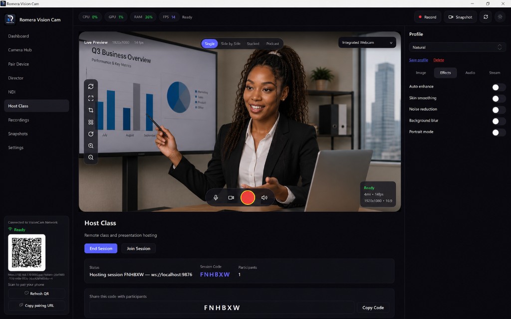 Romera Vision Host Class mode with presenter and Q3 business presentation for online teaching