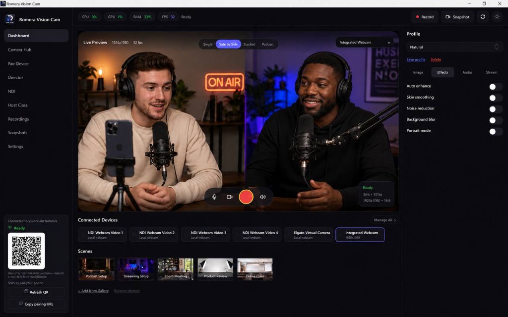Romera Vision podcast mode with side-by-side co-host layout